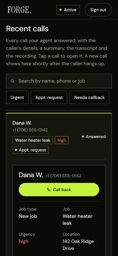 The Forge Voice dashboard with one call open. It shows the caller's name and number, a Call back button, the job, how urgent it is, the address, the best time to call back, that an appointment was requested, and a written summary of the call.