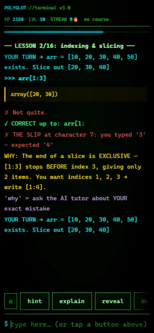 POLYGLOT terminal screen showing a wrong NumPy slice answer, with the correct portion credited, the slip located at character 7, and an explanation that slice ends are exclusive