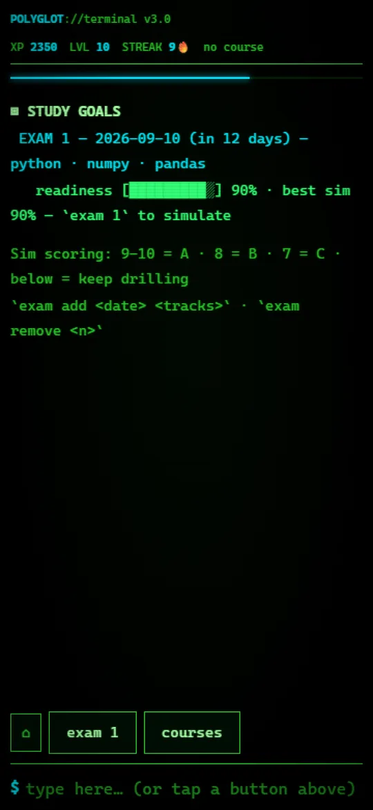 POLYGLOT study goals screen showing an exam countdown, the tracks it covers, a readiness meter and the simulation scoring scale