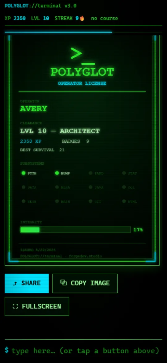 POLYGLOT Operator License card showing operator name, clearance level, XP, badges and the twelve track subsystems