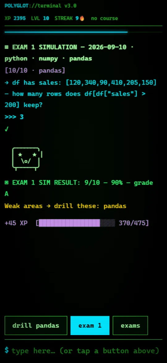 POLYGLOT simulation result screen showing a graded score for a practice exam